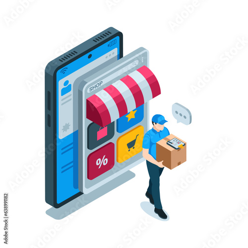 isometric courier with a box and a smartphone with an open online store application in color on a white background, delivery of online orders