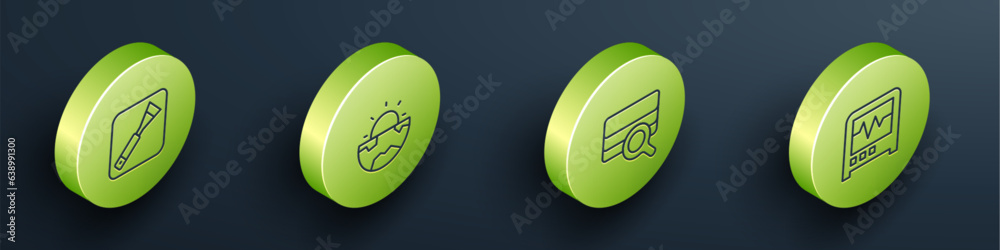 Set Isometric line Paint brush, Earth core structure crust, Soil analysis and Seismograph icon. Vector Set Isometric line Paint brush, Earth core structure crust, Soil analysis and Seismograph icon. Vector