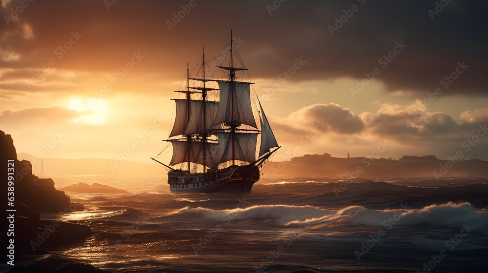 Old wooden sailing ship or pirate ship set sail to the wild ocean with big wave and cloudy sky evening sunset. Generative AI technology.