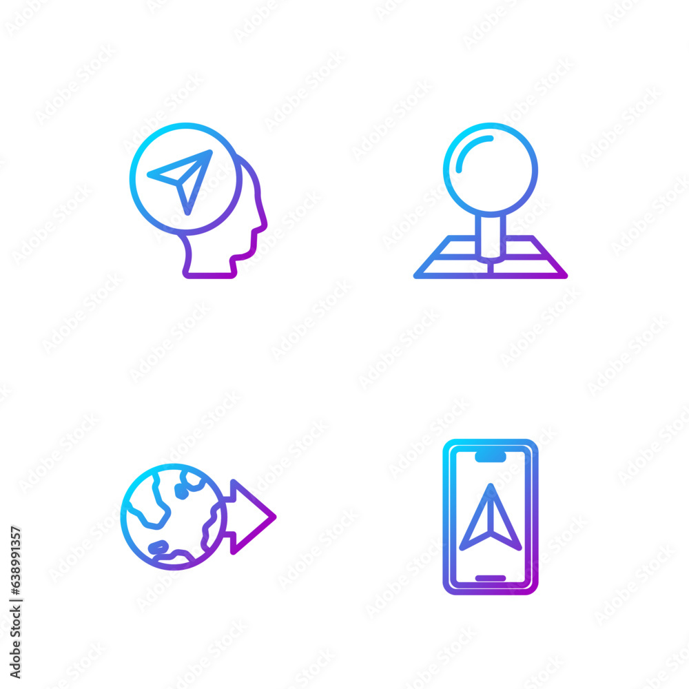 Set line City map navigation, Location the globe, Map marker with human and Folded location. Gradient color icons. Vector Set line City map navigation, Location the globe, Map marker with human and Folded location. Gradient color icons. Vector