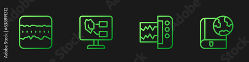 Set line Seismograph, Soil ground layers, analysis and Earth globe and book. Gradient color icons. Vector