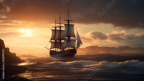 Old wooden sailing ship or pirate ship set sail to the wild ocean with big wave and cloudy sky evening sunset. Generative AI technology.