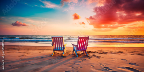 Fototapeta Two empty beach chairs on beach at sunset.