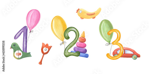 Numbers from 1 to 3 with kid wood toys and colors balloons. Bird, car, airplane, rattle, beanbag, pyramid. Watercolor illustration isolated on white background. For design of children party