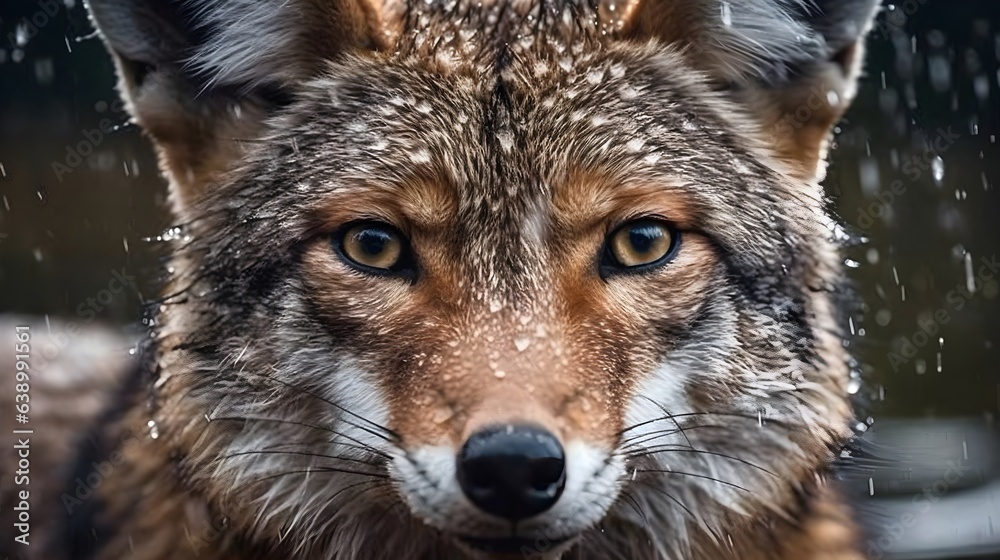 Close up face of red fox getting wet under the rain. Generative AI technology. Close up face of red fox getting wet under the rain. Generative AI technology.