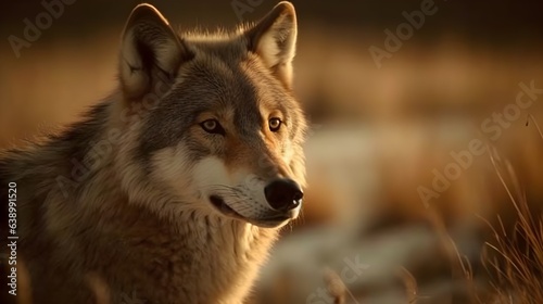 Close up of wolf face stare and observe in the meadow nature background. Generative AI technology.