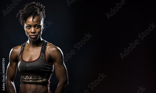 African American woman, MMA fighter, studio portrait on black background, copy space at side. Generative AI