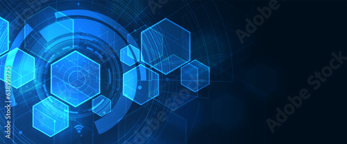 Technology banner design with hexagons abstract background.