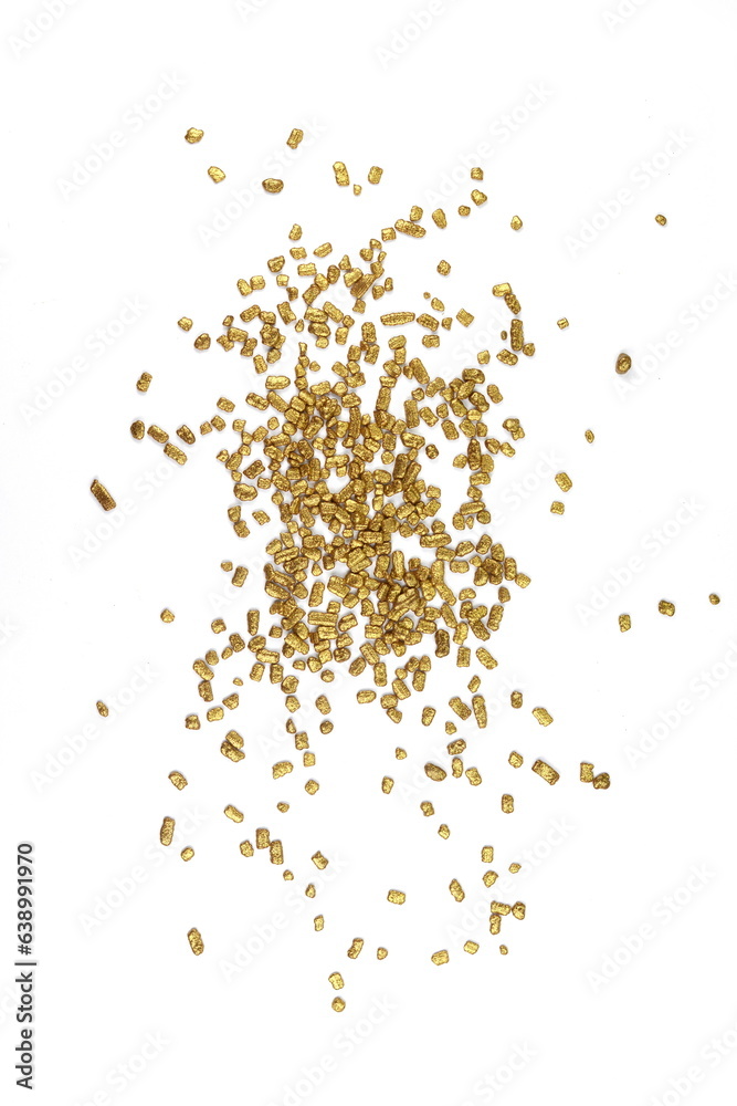 Golden sprinkles isolated on white background top view. Sweet silver glaze decoration or chocolate vermicelli