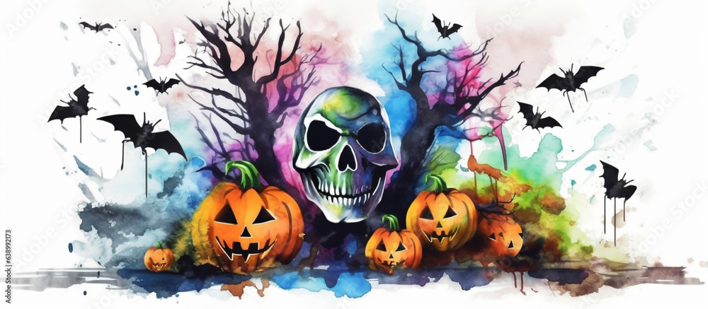 Watercolor composition of skull pumpkins and bats. Halloween. Autumn illustration. Halloween card. Banner. Generative AI