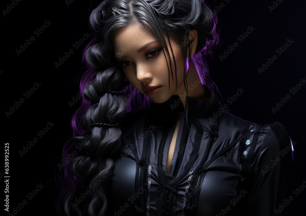 Gothic girl schoolgirl with purple braids, a schoolgirl with a charming look. Made in AI