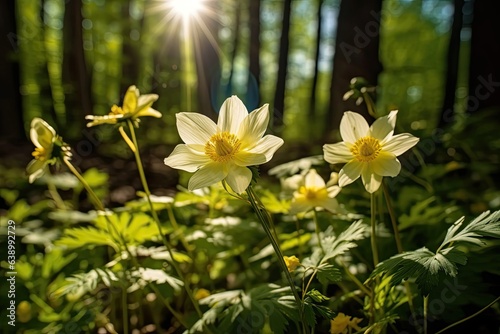 Beautiful blooming anemone flowers in the spring forest