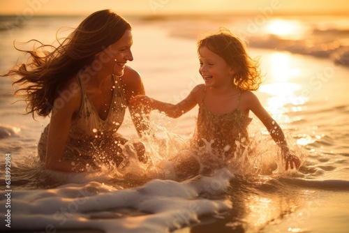 Moment between a mother and her daughter as they playfully splash in the sea. Generative AI