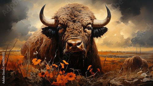 A Stoic Buffalo Standing Against a Prairie Sunset AI Generative