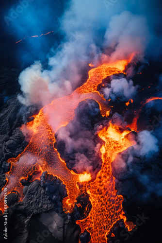 Aerial view of lava spreading from volcano 