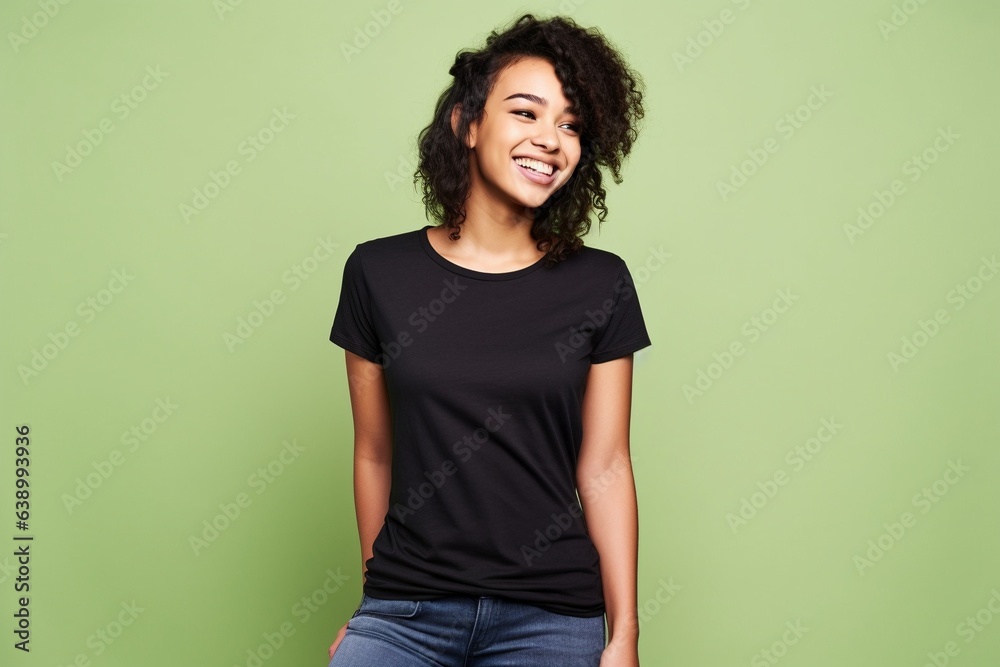 female wearing plain back tshirt for mock up on green background female wearing plain back tshirt for mock up on green background