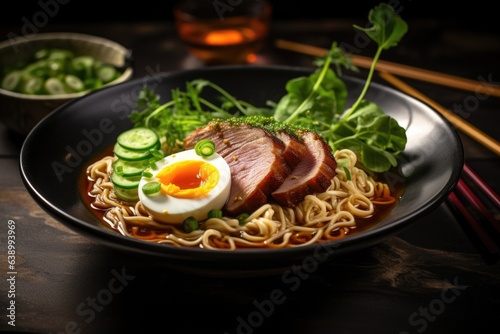 A flavorful bowl of ramen with tender slices of pork, soft-boiled egg, nori, and scallions in a rich broth. Generative AI