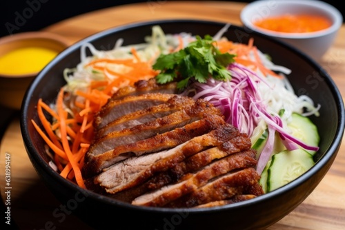 Breaded and deep-fried pork cutlet rice bowl, with an overhead view to show the layout of the food