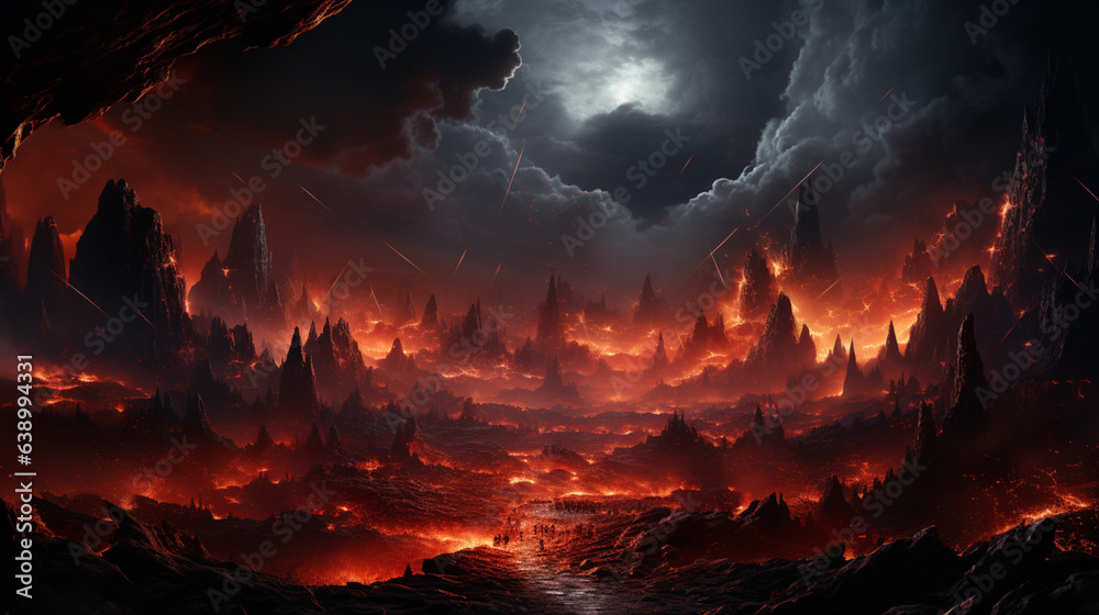 Background End of the world Apocalypse, montain, clounds, lightning and volcanoes, Generative Ai Background End of the world Apocalypse, montain, clounds, lightning and volcanoes, Generative Ai