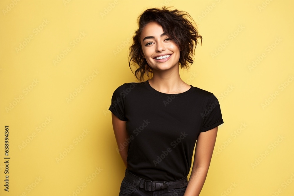 Female wearing black tshirt for mock up on lemon background - obrazy, fototapety, plakaty 