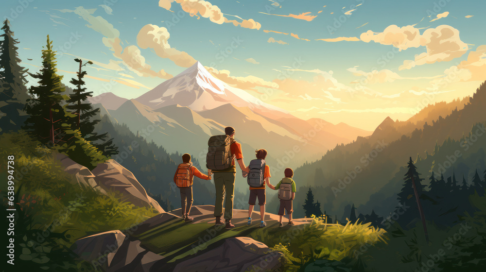 the family trekking together in the mountains forest - obrazy, fototapety, plakaty 