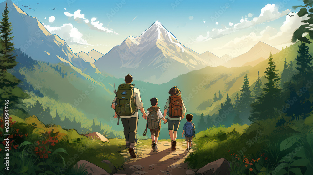 the family trekking together in the mountains forest