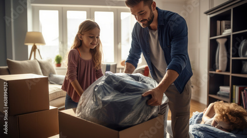 Family helping unpack furniture in apartment room