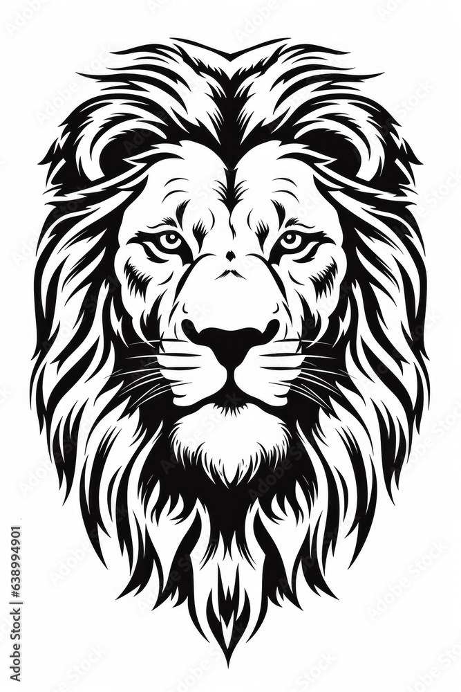 En face portrait of a standing African lion with a big mane in a black and white vector design 
