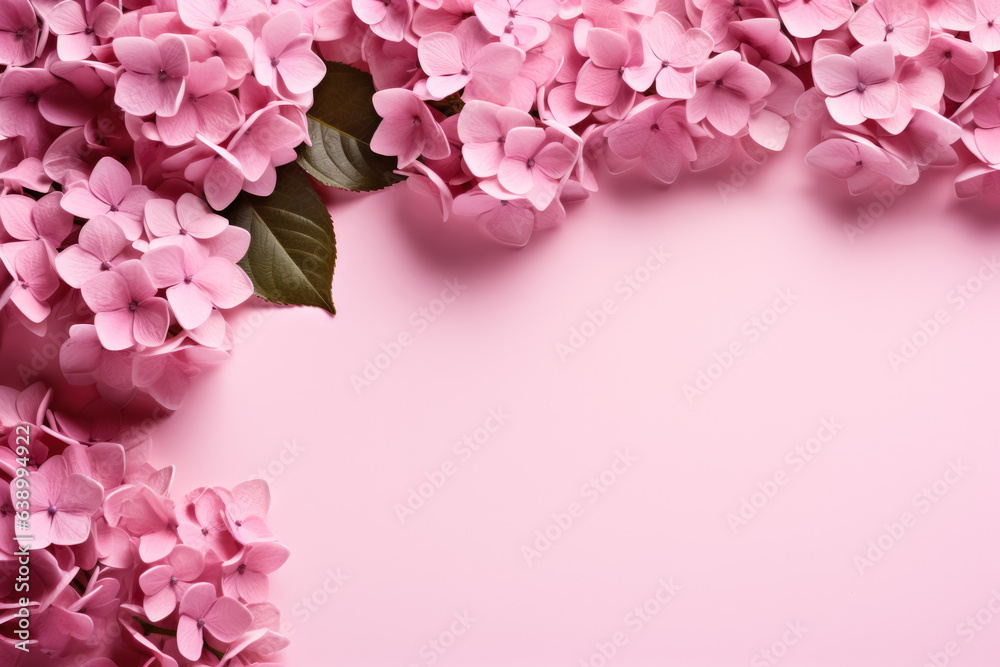 Flowers composition: hydrangea flowers on pastel pink background flat lay top view copy space 