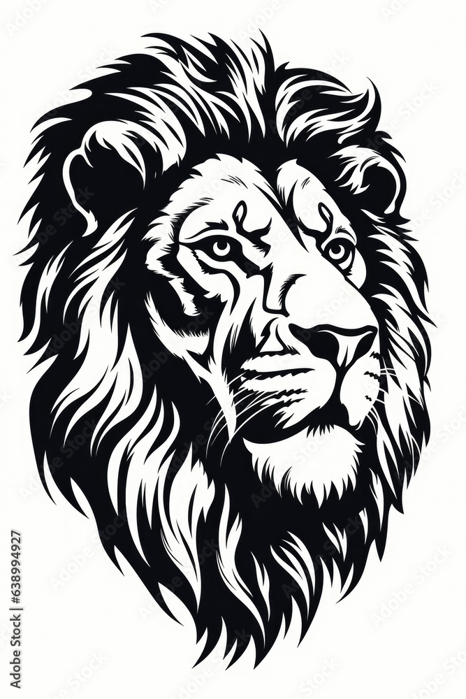 En face portrait of a standing African lion with a big mane in a black and white vector design 