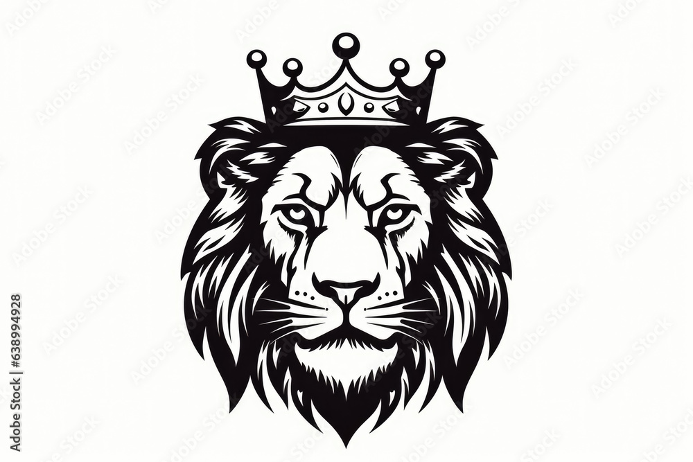 En face portrait of a standing African lion with a big mane in a black and white vector design 