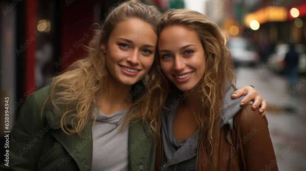 Fashionable and beautiful female twins posing near stylish restaurant outdoors. Two women wearing stylish looks, smiling at camera.
