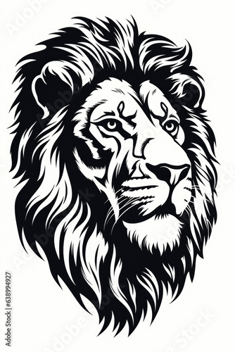 En face portrait of a standing African lion with a big mane in a black and white vector design  © fotogurmespb