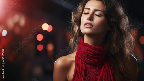 Portrait of beautiful young woman with makeup in fashion red clothes scarf, indoor.