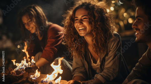 Group of friends having fun at a bonfire in the night.