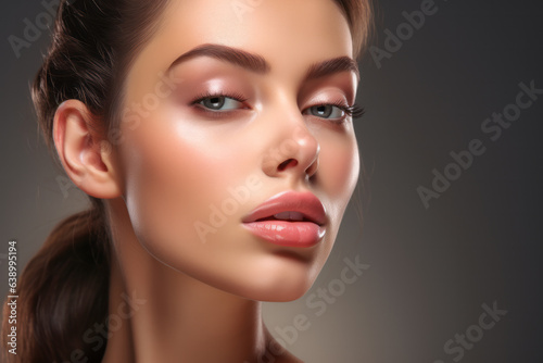 Beautiful caucasian woman wiith sexy smile. She is happy that she used the services of your beauty salon or cosmetology clinic. Shows her augmented plump lips  ready to kiss.