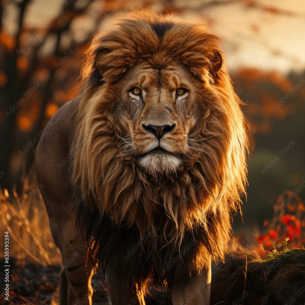 Majestic Lion. A powerful lion with a flowing mane standing proudly in the savannah, exuding strength and dominance.