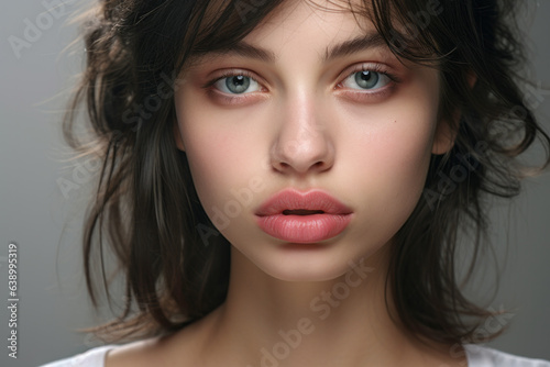 Beautiful caucasian brunette woman wiith sexy smile. She is happy that she used the services of your beauty salon or cosmetology clinic. Shows her augmented plump lips, ready to kiss.