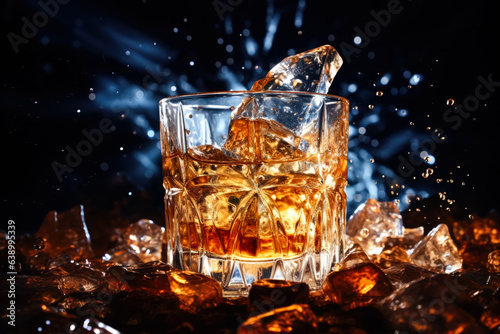 Super slow motion of ice cube falling into whisky filmed at 1000 fps with high-speed cinema camera 