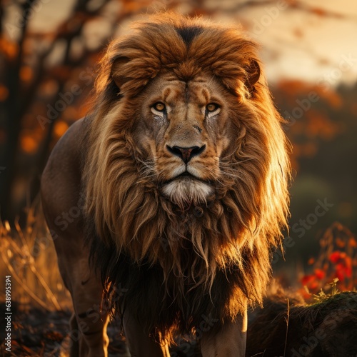 Majestic Lion. A powerful lion with a flowing mane standing proudly in the savannah  exuding strength and dominance.