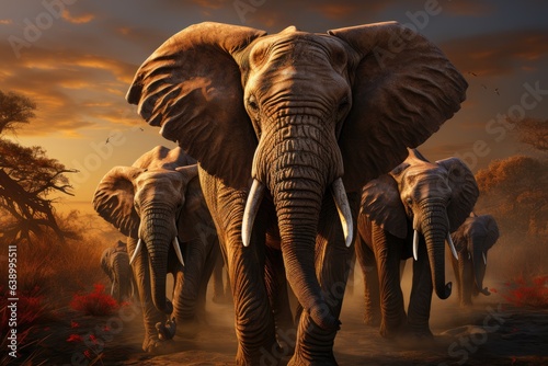 Regal Elephants. A herd of elephants trekking across the vast plains, the matriarch leading the way with a sense of wisdom and authority. © Photo Designer 4k