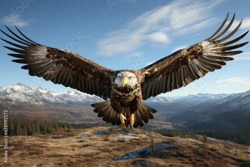 Soaring Bald Eagle. A bald eagle soaring through a clear blue sky, wings outstretched, embodying freedom and the spirit of the wild.