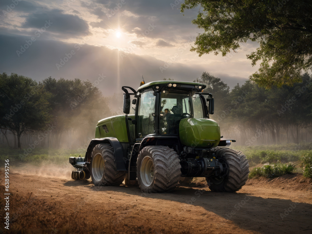 Obraz premium Futuristic potato harvester harvesting on the ground, potato tubers, doing outdoor gardening in the early morning hours. Futuristic Eco farm Concept