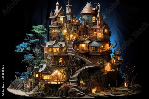 Fairy tale castle made of wood on a black background. 3d rendering, fairytale castle where the fairies and goblins live together in harmony, AI Generated © Iftikhar alam