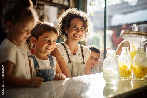 Happy family with two kids in a cafe. They are looking at camera and smiling. family enjoying a steaming cup of lemonade on a sunny day in a quaint, cozy coffee shop, AI Generated