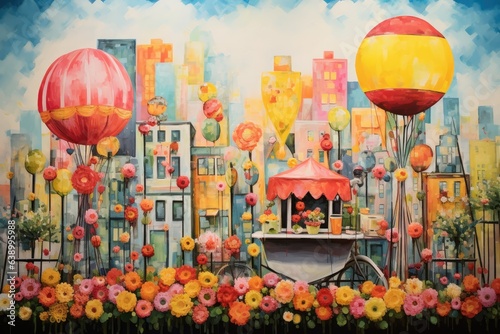 Watercolor painting of colorful cityscape with toy carriage, flowers and balloons, lively lemonade stand in a whimsical urban landscape with tall buildings and a vibrant, AI Generated