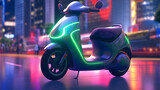 A modern electric scooter zooming along a futuristic city street, surrounded by sleek buildings adorned with vertical gardens.