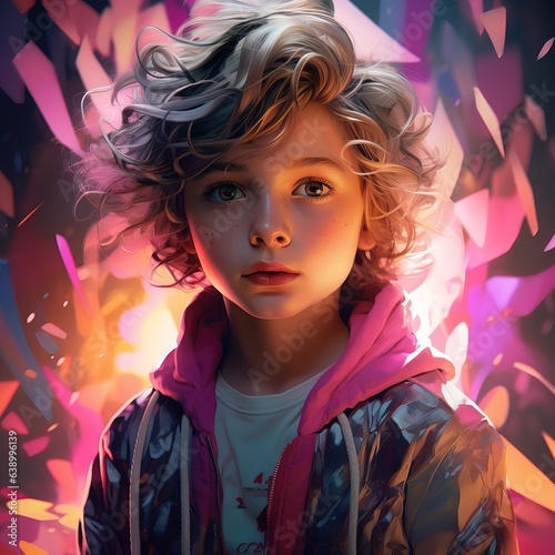 boy wearing a pink jacket with a bright light behind him