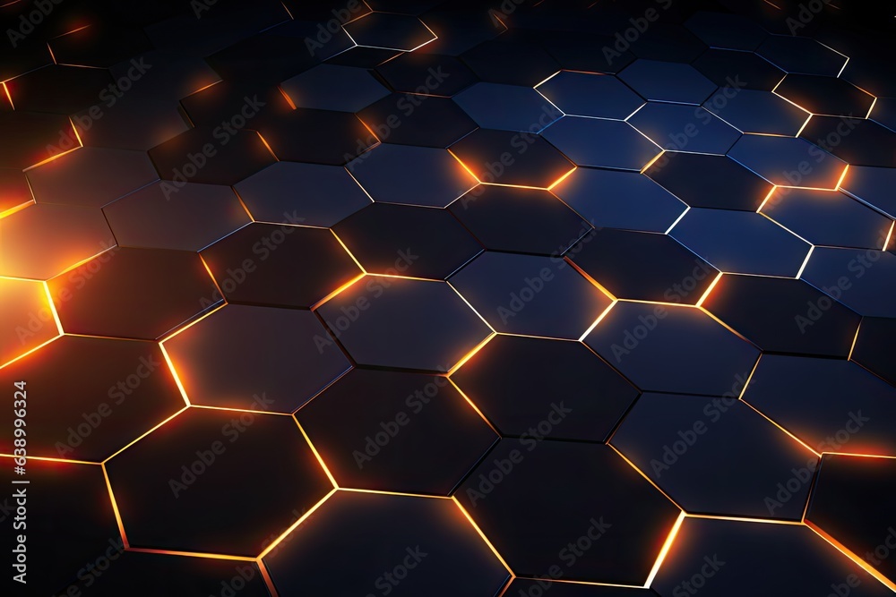 3D rendering of abstract background with glowing hexagons. Futuristic honeycomb pattern, Abstract background hexagon pattern with glowing lights, AI Generated