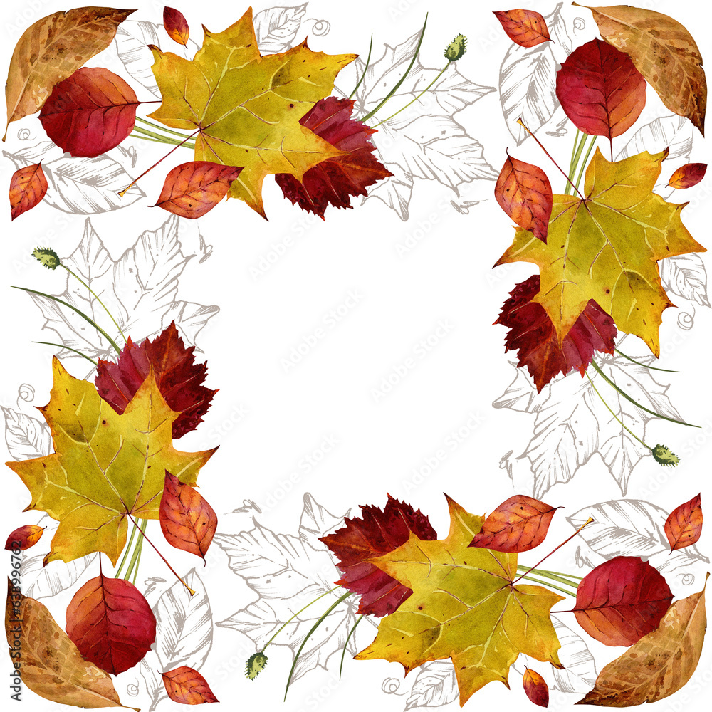 Autumn fallen leaves. Square frame for text on a forest theme. Rustic style. Hand drawn watercolor illustration for postcard design, textile Autumn fallen leaves. Square frame for text on a forest theme. Rustic style. Hand drawn watercolor illustration for postcard design, textile